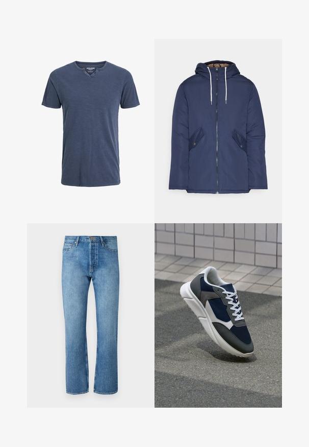 Navy plava podstava jakna s kapuljačom, koja ima prednji patentni zatvarač, dva bočna džepa s gumbima i bijele špage.; Tamno plava majica kratkih rukava izrađena od mekanog materijala, sa v-izrezom i dva dugmeta sa jedne strane, te opuštenim krojem.; Svijetloplave traperice ravnog kroja, s klasičnim dizajnom s pet džepova, zatvaranjem na dugme i kontrastnim šavovima.; Tenisice s gornjim dijelom od mrežastog materijala tamnoplave boje, siva antilopova naglašavanja, bijela gumena potplat i ravne bijele vezice, dizajnirane za udobnost i prozračnost.