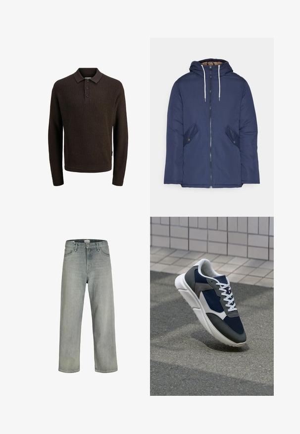 Mornarsko modra podložena jakna s kapuco, ki ima sprednji zadrgo, dva stranska žepa s gumbi in bele vrvice.; Rjav pleten pulover s dolgimi rokavi in polo ovratnikom, ki se ponaša z rebrasto teksturo, zapenjanjem na tri gumbe in klasičnim ovratnikom.; Svetlo sivi, široki traperice iz denima. Ima klasični dizajn s pet džepova, petlje za remen i ravno krojenje.; Superge z zgornjim delom iz mrežaste tkanine v mornarsko modri barvi, sivi usnjeni poudarki, belo gumijasto podplato in ravnimi belimi vezalkami, zasnovane za udobje in zračnost.