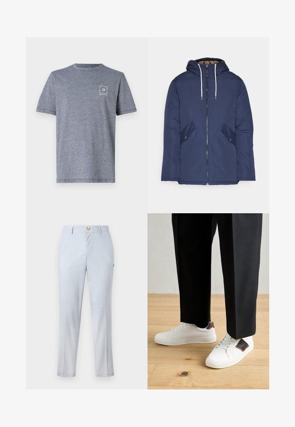 Jūrinė mėlyna pūkinė striukė su kapišonu, turinti priekinį užtrauktuką, dvi šonines kišenes su sagomis ir baltus raiščius.; Pilkos spalvos trumpomis rankovėmis marškinėliai, pagaminti iš medvilnės mišinio, su keturkampiu logotipo ženklu kairėje krūtinės pusėje ir apvaliu kaklu.; Šviesiai mėlyni kelnės, pagamintos iš audinio, turinčios klasikinį sijoną, tiesias kojas, priekinėmis kišenėmis ir mygtuko užsegimu. Subtilus raštas.; Balti sportbačiai su glotnia danga, puošti rudais odiniais akcentais ir juodais detalėmis, derinami su juodais pritaikytais kelnėmis. Medinių grindų fonas.