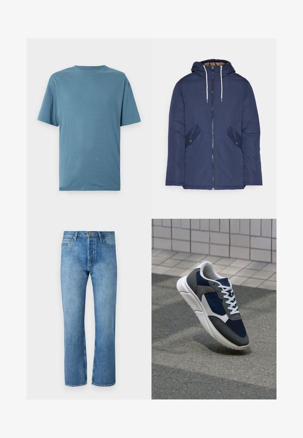 Granatowa pikowana kurtka z kapturem, z zamkiem z przodu, dwoma bocznymi kieszeniami z guzikami oraz białymi sznurkami.; Jasnoniebieska koszulka z krótkim rękawem wykonana z miękkiej tkaniny. Posiada okrągły dekolt oraz luźny krój, bez wzorów czy ozdób.; Jasnoniebieskie dżinsy z prostymi nogawkami, charakteryzujące się klasycznym pięciopocketowym fasonem, zapięciem na guzik oraz kontrastowymi szwami.; Sneakers z granatową siateczkową cholewką, szarymi zamszowymi akcentami, białą gumową podeszwą i płaskimi białymi sznurówkami, zaprojektowane z myślą o komforcie i wentylacji.