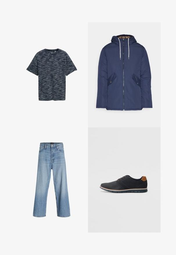 Mornarsko modra podložena jakna s kapuco, ki ima sprednji zadrgo, dva stranska žepa s gumbi in bele vrvice.; Kratka majica s kratkimi rokavi v temno modri barvi, ki ima teksturiran, valovit vzorec v svetlejših odtenkih. Okrogla ovratnica in sproščen kroj. Mehka tkanina.; Svijetloplave traperice širokih nogavica od denima, s visokim strukom, klasičnim dizajnom s pet džepova te kopčanjem na gumbe s patentnim zatvaračem.; Črne sintetične čevlje z teksturirano zgornjščino, gladkimi akcenti, rjavim petnim delom in kontrastnim podplatom. Imajo minimalno vezanje in detajle šivanja.