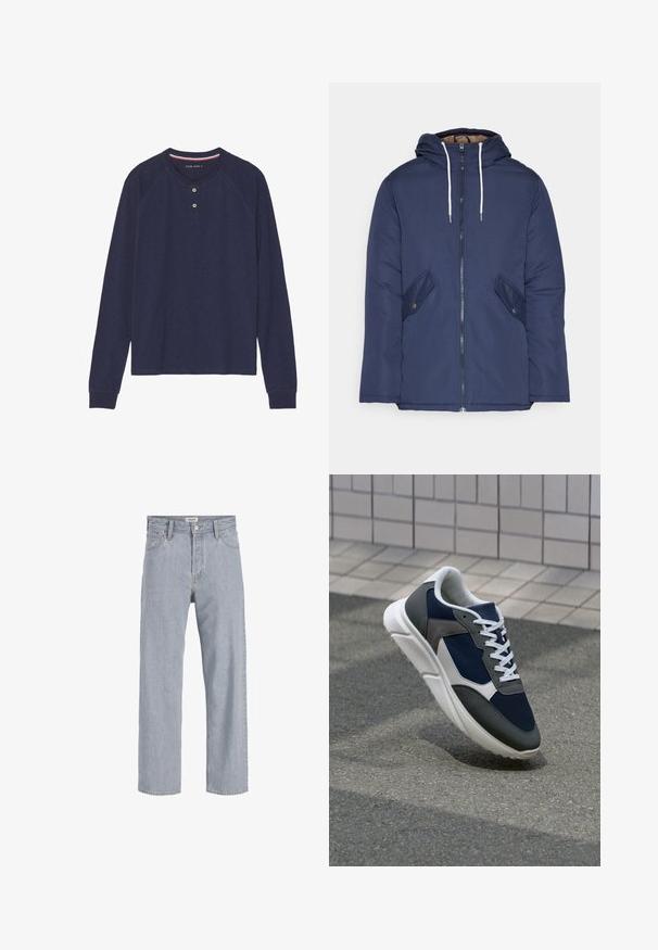Navy blue padded jacket with a hood, featuring a front zipper, two side pockets with buttons, and white drawstrings.; Navy blue long-sleeve shirt with a rounded neckline, two-button placket, and ribbed cuffs. Soft, textured fabric with raglan sleeves.; Light blue denim jeans with a relaxed fit, straight leg design, visible stitching, two front pockets, and a button closure.; Sneaker featuring a navy blue mesh upper, gray suede accents, white rubber sole, and flat white laces, designed for comfort and breathability.