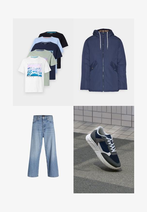 Jūrinė mėlyna pūkinė striukė su kapišonu, turinti priekinį užtrauktuką, dvi šonines kišenes su sagomis ir baltus raiščius.; Penki trumpomis rankovėmis marškiniai balta, žalia, šviesiai mėlyna, tamsiai mėlyna ir juoda spalvomis. Turintys grafines spaudas ir apykakles. Pagaminti iš medvilnės.; Šviesiai mėlyni džinsai su plačiomis kojomis ir aukštu liemeniu, su sagų užsegimu, penkių kišenių dizainu ir subtiliu nudilimu. Švariai apkarpytas apvadas.; Sportiniai bateliai su tamsiai mėlynu tinkliniu viršumi, pilkais zomšiniais akcentais, balta guma padanga ir plokščiomis baltomis raištelėmis, sukurti komfortui ir oro pralaidumui.