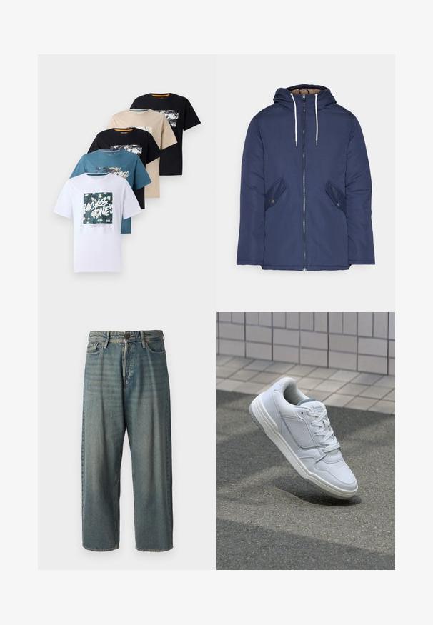 Tumesinine vahtkatseline jakk, millel on kapuuts, esilukk, kaks küljetaskut nupuga ja valged tõmblukud.; Viis lühikeste varrukatega T-särki valges, teal, beeži, mustas ja tumesinine, millel on erinevad floralsed graafilised printimised esiküljel.; Heledad sinine denim-stiilis teksad, volüümse lõike, keskmise kõrgusega talje ja sirgete säärega. Omab viit taskut, vöökumme ja nööpide sulgemist.; Valge nahkne toss, millel on perforeeritud külgedega, tekstuuriga aktsendid, lame pael ja kontrastne hall konts. Omab veidi tõstetud tallat.