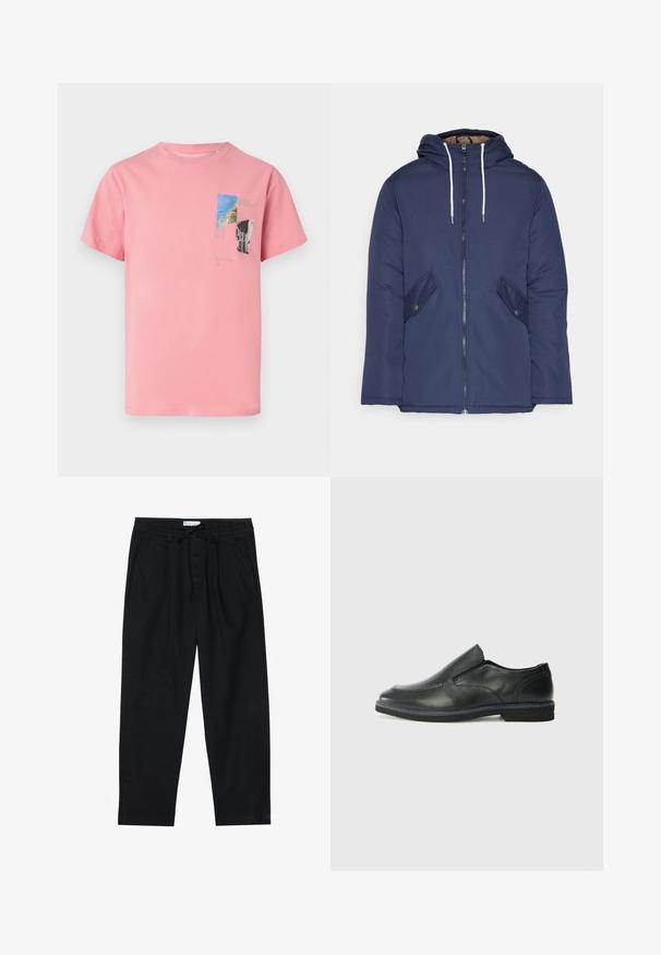 Granatowa pikowana kurtka z kapturem, z zamkiem z przodu, dwoma bocznymi kieszeniami z guzikami oraz białymi sznurkami.; Różowa bawełniana koszulka z krótkim rękawem. Posiada nadrukowaną grafikę w kolorach niebieskim, zielonym i czarnym, w tym tekst i kształty geometryczne z przodu.; Pier One - Chinosy; Czarne skórzane buty wsuwane z gładką cholewką, przeszyciami, okrągłym noskiem i niskim gumowym obcasem. Podeszwa ma minimalny bieżnik.