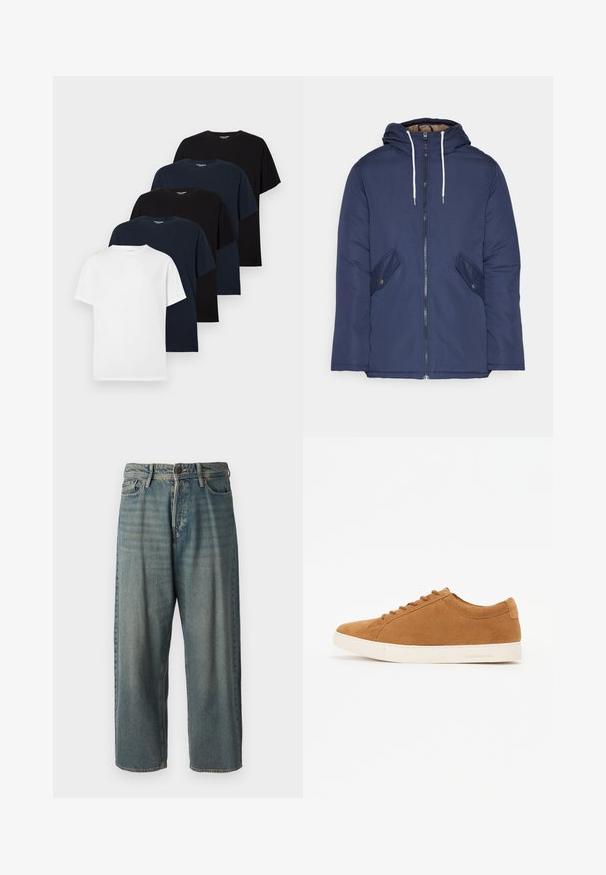 Námornícky modrá vystužená bunda s kapucňou, so zipsom vpredu, dvomi bočnými vreckami s gombíkmi a bielymi šnúrkami.; Päť jednoduchých tričiek s krátkym rukávom a okrúhlym výstrihom v striedajúcich sa farbách čiernej, námorníckej modrej a bielej, usporiadaných v posunutej stohovanej forme na bielom pozadí.; Svetlomodré denimové nohavice so voľným strihom, stredne vysokým pásom a rovnými nohavicami. Obsahujú päť vreciek, pútka na opasok a zapínanie na gombík.; Hnedé semišové tenisky s nízkym dizajnom, bielou gumovou podrážkou a okrúhlou špičkou. Obsahuje zladené šnúrky a minimálne značenie na päte.
