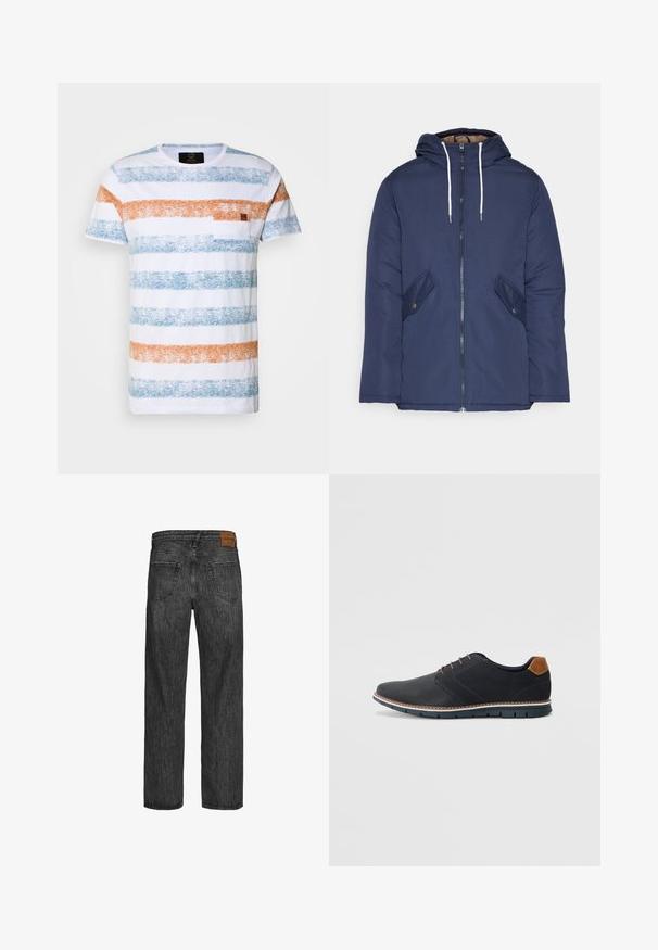 Jūras zila pufīgā jaka ar kapuci, kas aprīkota ar priekšējo rāvējslēdzēju, divām sānu kabatām ar pogām un baltiem aukliņām.; Balts īsām piedurknēm T-krekls ar izteiktiem zilajiem un oranžajiem horizontālajiem svītrainiem, teksturētu audumu un mazu kabatu kreisajā krūtī.; Melnas džinsa bikses ar taisnu kāju dizainu, piecu kabatu stilu un brūnu ādas uzšuvumu jostasvietā. Tekstūrēta auduma ar šuvju detaļām.; Melni sintētiskie apavi ar struktūru augšdaļā, gludu akcentu, brūnu papēdi un kontrastējošu zoli. Iezīmē minimālu šņorēšanu un šuvju detaļas.