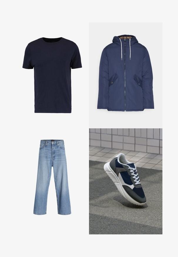 Jūras zila pufīgā jaka ar kapuci, kas aprīkota ar priekšējo rāvējslēdzēju, divām sānu kabatām ar pogām un baltiem aukliņām.; Pier One Pamata T-krekls - dark blue; Gaiši zili džinsu bikses ar platām kājām un augstu jostu, kas aprīkotas ar pogu aizdari, piecu kabatu dizainu un vieglu izbalējušu efektu. Tīra apdare.; Sporta apavi ar tumši zilas krāsas tīkla augšdaļu, pelēku zamšādas akcentiem, baltu gumijas zoli un plakaniem baltiem šņorēm, kas izstrādāti komfortam un elpojamībai.