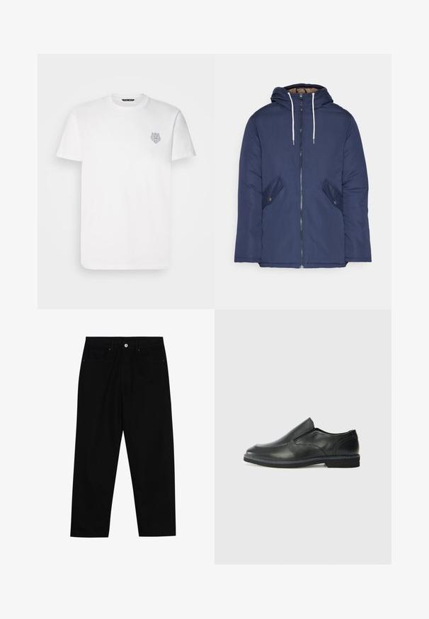 Mørkeblå polstret jakke med hætte, fremhævet af en frontlynlås, to sidelommer med knapper og hvide snore.; Hvid bomulds t-shirt med korte ærmer og rund hals. Har et lille gråt grafisk design af et løvehoved på venstre bryst.; Sorte denimbukser med lige ben, fem lomme-design og knaplukning foran. Glat tekstur med minimale syninger.; Sorte læder slip-on sko med en glat overdel, syede detaljer, rund tå og en lav gummihæl. Sålen har minimal profil.
