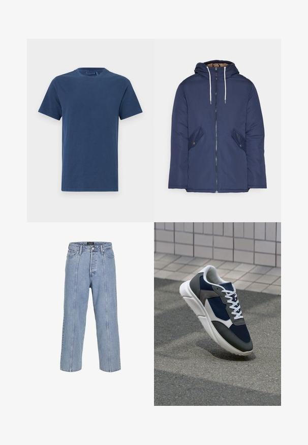 Chaqueta acolchada de color azul marino con capucha, cuenta con un cierre frontal de cremallera, dos bolsillos laterales con botones y cordones blancos.; Camiseta de algodón azul marino con cuello redondo, mangas cortas y corte recto. Textura suave, sin patrones ni adornos visibles.; Vaqueros de mezclilla de color azul claro con un corte suelto, piernas anchas y detalles de costura visibles. Cuenta con un cierre de botón y cremallera, y cinco bolsillos.; Zapatillas con una parte superior de malla azul marino, detalles en gamuza gris, suela de goma blanca y cordones blancos planos, diseñadas para la comodidad y transpirabilidad.