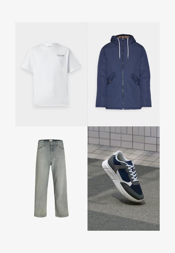 Navy blue padded jacket with a hood, featuring a front zipper, two side pockets with buttons, and white drawstrings.; White cotton t-shirt with short sleeves, round neckline, featuring a small black text logo "J&J since 1990 Society Club" on the chest.; Light gray, loose-fitting jeans made of denim. Features a classic five-pocket design, belt loops, and a straight leg silhouette.; Sneaker featuring a navy blue mesh upper, gray suede accents, white rubber sole, and flat white laces, designed for comfort and breathability.