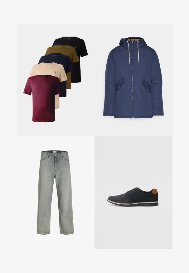 Sötétkék bélelt dzseki kapucnival, elülső cipzárral, két oldalsó zsebbel gombokkal és fehér húzózsinórokkal.; Öt rövid ujjú póló piros, bézs, tengerészkék, olajzöld és fekete színben, kerek nyakkivágással és egy kis logóval a mellrészen.; Világosszürke, laza szabású farmernadrág. Klasszikus öt zsebes dizájn, övhurkok és egyenes szárú fazon jellemzi.; Fekete szintetikus cipők, textúrált felsőrésszel, sima díszítésekkel, barna sarkával és kontrasztos talppal. Minimális fűzéssel és varrási részletekkel rendelkezik.