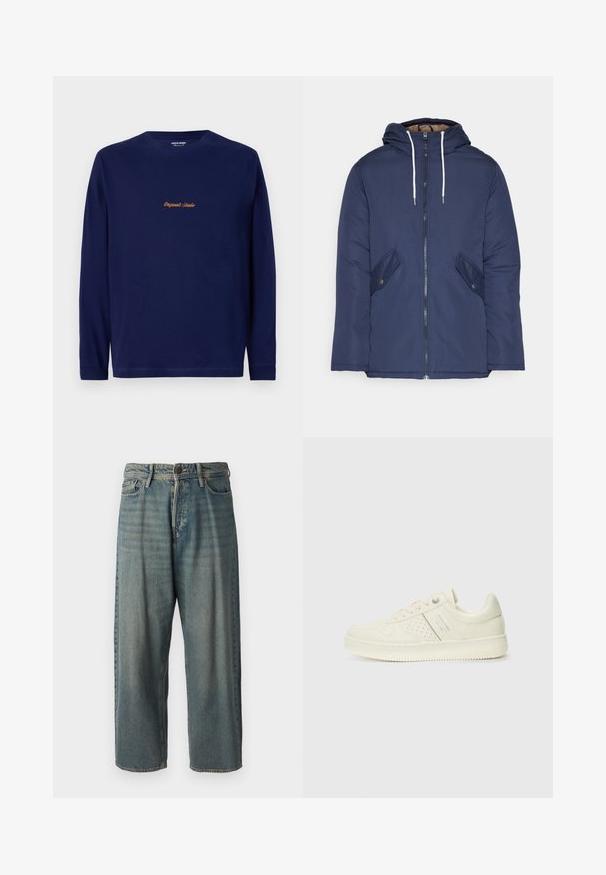 Navy blue padded jacket with a hood, featuring a front zipper, two side pockets with buttons, and white drawstrings.; Navy long-sleeve shirt with "Originals Studio" embroidered in gold on the chest, featured against a plain white background.; Light blue denim jeans with a loose fit, mid-rise waist, and straight legs. Features five pockets, belt loops, and a button closure.; Cream-colored sneaker with perforated detailing, laces, and logo on the side, displayed against a plain white background.