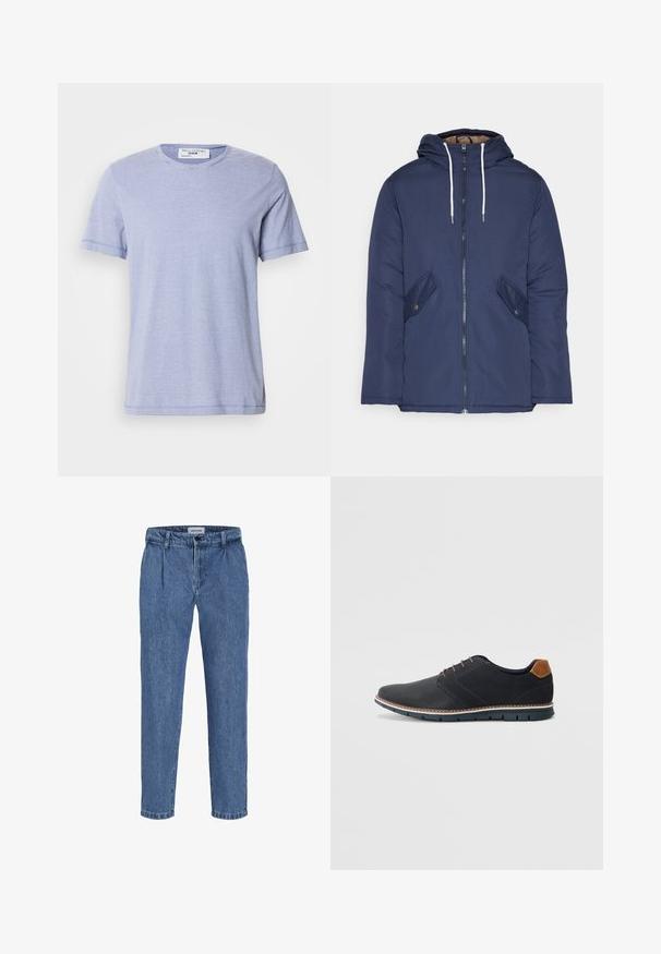 Jūras zila pufīgā jaka ar kapuci, kas aprīkota ar priekšējo rāvējslēdzēju, divām sānu kabatām ar pogām un baltiem aukliņām.; Gai zils T-krekls ar tumši zilu horizontālu svītru dizainu, izgatavots no kokvilnas, ar apaļu kakla izgriezumu, īsām piedurknēm un šūtu apakšmali. Etiķete vēsta "Marc O'Polo Denim."; Gaiši zili džinsu bikses ar brīvu piegriezumu, augstu jostasvietu, diviem priekšējiem krokām un pagrieztu apakšmalu. Vienkārša pogas un rāvējslēdzēja aizdares sistēma.; Melni sintētiskie apavi ar struktūru augšdaļā, gludu akcentu, brūnu papēdi un kontrastējošu zoli. Iezīmē minimālu šņorēšanu un šuvju detaļas.