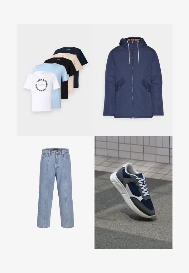 Mørkeblå polstret jakke med hætte, fremhævet af en frontlynlås, to sidelommer med knapper og hvide snore.; Sæt af fem T-shirts i hvid, lys blå, sort, beige og marineblå. Crew neck stil med grafisk tryk på de hvide og lys blå T-shirts.; Lysblå denimjeans med løs pasform, brede ben og synlige syninger. Har knap- og lynlåslukning samt fem lommer.; Sneakers med en overdel i marineblå mesh, grå suedeteksturer, hvid gummisål og flade hvide snørebånd, designet til komfort og åndbarhed.