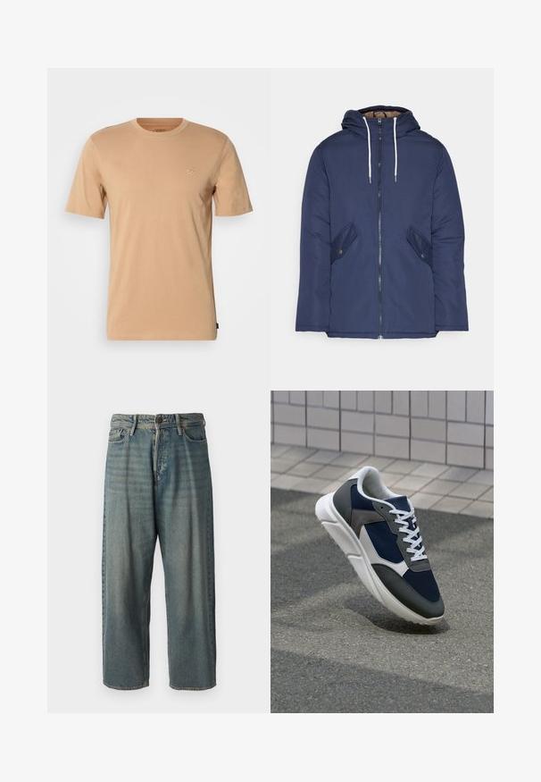 Jūras zila pufīgā jaka ar kapuci, kas aprīkota ar priekšējo rāvējslēdzēju, divām sānu kabatām ar pogām un baltiem aukliņām.; Gai brūns kokvilnas t-krekls ar īsām piedurknēm, apaļu kakla izgriezumu un nelielu logotipu kreisajā krūtī. Mīksta tekstūra un standarta piegriezums.; Gaiši zili džinsi ar brīvu piegriezumu, vidējo jostas augstumu un taisnām kājām. Satur piecas kabatas, jostas cilpas un pogu aizdari.; Sporta apavi ar tumši zilas krāsas tīkla augšdaļu, pelēku zamšādas akcentiem, baltu gumijas zoli un plakaniem baltiem šņorēm, kas izstrādāti komfortam un elpojamībai.
