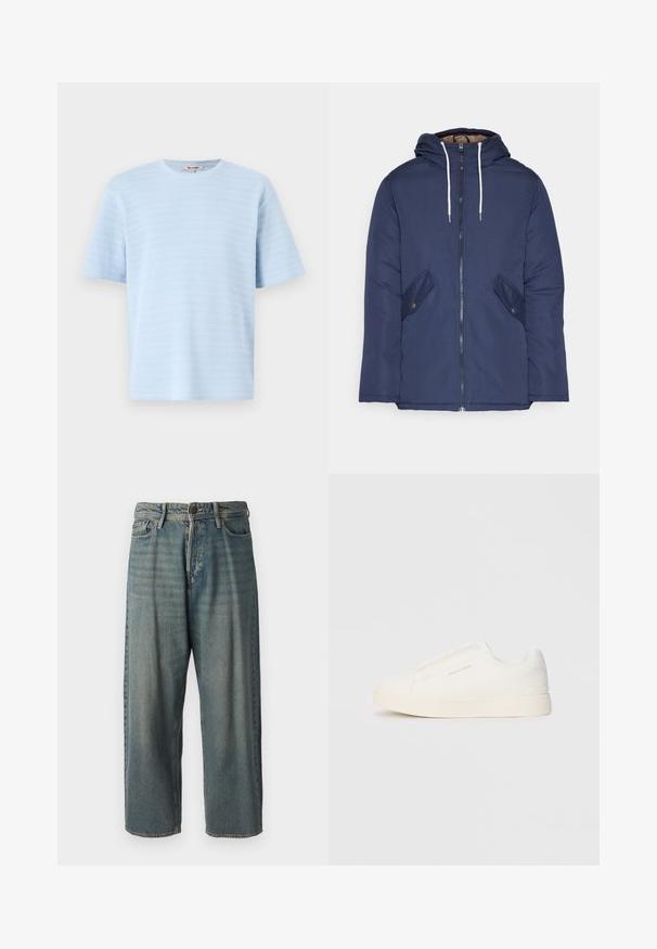 Navy blue padded jacket with a hood, featuring a front zipper, two side pockets with buttons, and white drawstrings.; Light blue short-sleeved t-shirt made of textured knit fabric with horizontal stripe details. Crew neckline and relaxed fit.; Light blue denim jeans with a loose fit, mid-rise waist, and straight legs. Features five pockets, belt loops, and a button closure.; White slip-on sneakers with a textured surface, a thick sole, and minimalistic design. Features brand logo on the side.