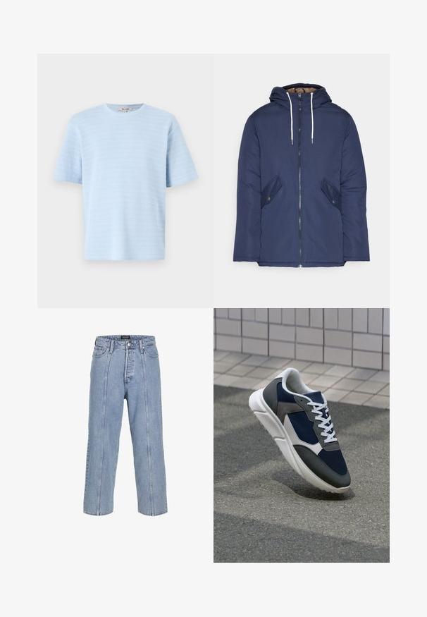 Chaqueta acolchada de color azul marino con capucha, cuenta con un cierre frontal de cremallera, dos bolsillos laterales con botones y cordones blancos.; Camiseta de manga corta azul claro hecha de un tejido de punto texturizado con detalles de rayas horizontales. Cuello redondo y corte relajado.; Vaqueros de mezclilla de color azul claro con un corte suelto, piernas anchas y detalles de costura visibles. Cuenta con un cierre de botón y cremallera, y cinco bolsillos.; Zapatillas con una parte superior de malla azul marino, detalles en gamuza gris, suela de goma blanca y cordones blancos planos, diseñadas para la comodidad y transpirabilidad.