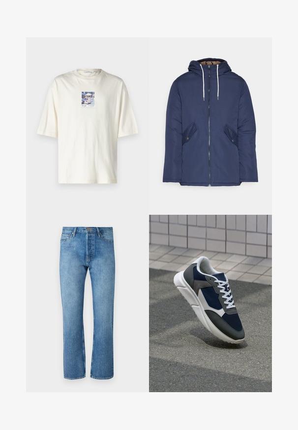 Marineblå polstret jakke med hette, med glidelås foran, to sidelommer med knapper og hvite snorer.; Kremfarget T-skjorte med kort erm laget av bomull, med et firkantet grafisk motiv av en gate-scene fra New York i sentrum. Standard rund hals design.; Lyseblå denimjeans med rett benkutt, som har et klassisk fem-lommers design, knappelukking og kontraststing.; Sneakers med en navy blå mesh-overdel, grå sømværk, hvit gummisåle og flate hvite snører, designet for komfort og pusteevne.