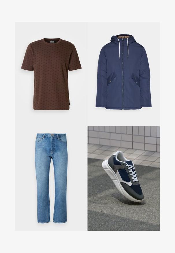 Jūras zila pufīgā jaka ar kapuci, kas aprīkota ar priekšējo rāvējslēdzēju, divām sānu kabatām ar pogām un baltiem aukliņām.; Brūns īsām piedurknēm T-krekls, kas izgatavots no kokvilnas, ar dimanta rakstu tumšākā tonī. Apaļš kakls, taisns apakšmala un birka sānos.; Gai zili džinsi ar taisnu kāju griezumu, ar klasisku piecu kabatu dizainu, pogu aizdari un kontrastējošu dūrienu.; Sporta apavi ar tumši zilas krāsas tīkla augšdaļu, pelēku zamšādas akcentiem, baltu gumijas zoli un plakaniem baltiem šņorēm, kas izstrādāti komfortam un elpojamībai.