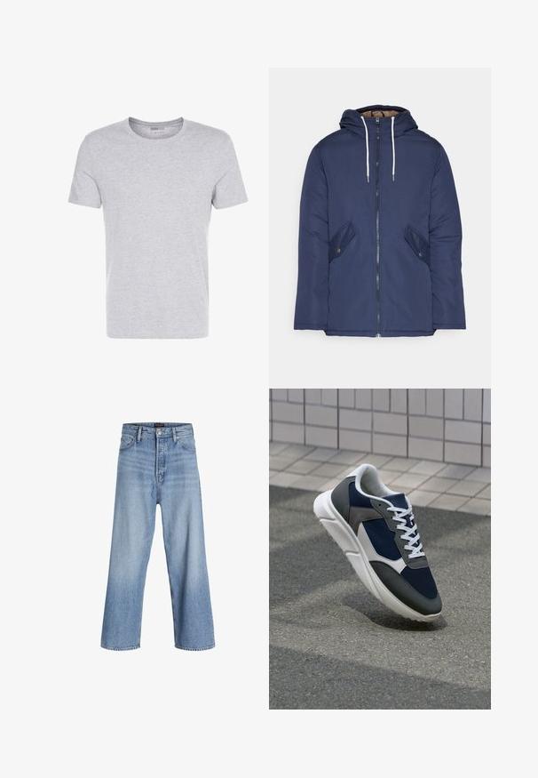 Námornícky modrá vystužená bunda s kapucňou, so zipsom vpredu, dvomi bočnými vreckami s gombíkmi a bielymi šnúrkami.; Sivá bavlnená tričko s okrúhlym výstrihom, krátkymi rukávmi a jednoduchým dizajnom, s jemnou, hladkou textúrou a bez viditeľných vzorov alebo ozdôb.; Svetlo modré rifľové nohavice s širokými nohavicami a vysokým pásom, s gombíkovým zapínaním, dizajnom s piatimi vreckami a jemným vyblednutím. Čistý lem.; Tenisky s sieťovinou v námorníckej modrej farbe, so sivými semišovými detailmi, bielou gumovou podrážkou a plochými bielymi šnúrkami, navrhnuté pre pohodlie a priedušnosť.