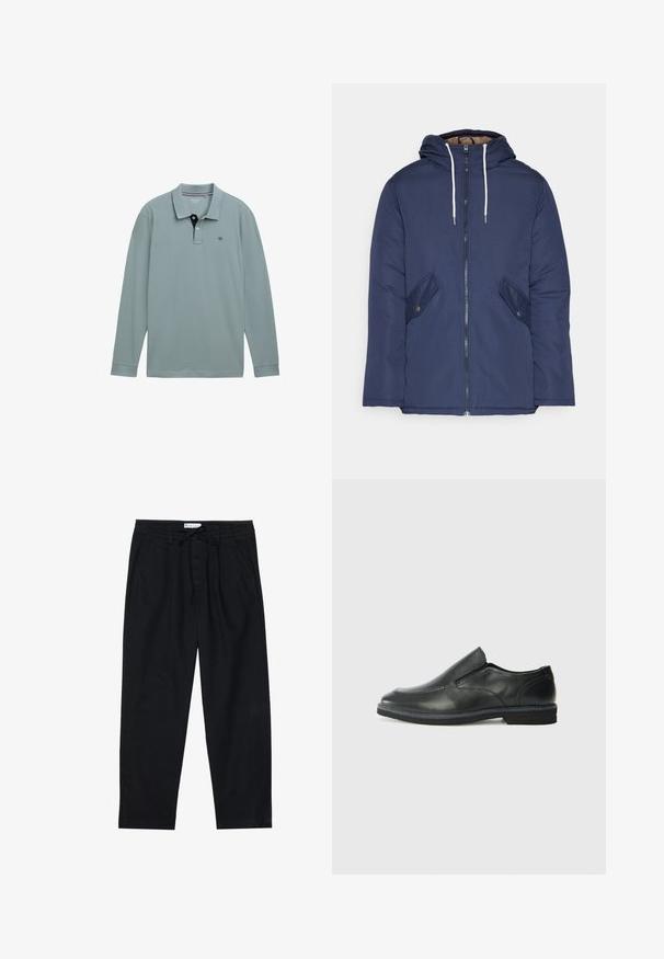 Mornarsko modra podložena jakna s kapuco, ki ima sprednji zadrgo, dva stranska žepa s gumbi in bele vrvice.; Polo majica s dugim rukavima v svetlo modrih odtenkih, s kontrastnim temno modrim ovratnikom. Iz bombažnega materiala, z manjšim logotipom na levem prsnem delu. Klasičen kroj.; Pier One Hlače chino - black; Črne usnjene natikače z gladkim zgornjim delom, prišitimi detajli, zaobljenim nosom in nizkim gumijastim petkom. Podplat ima minimalen profil.