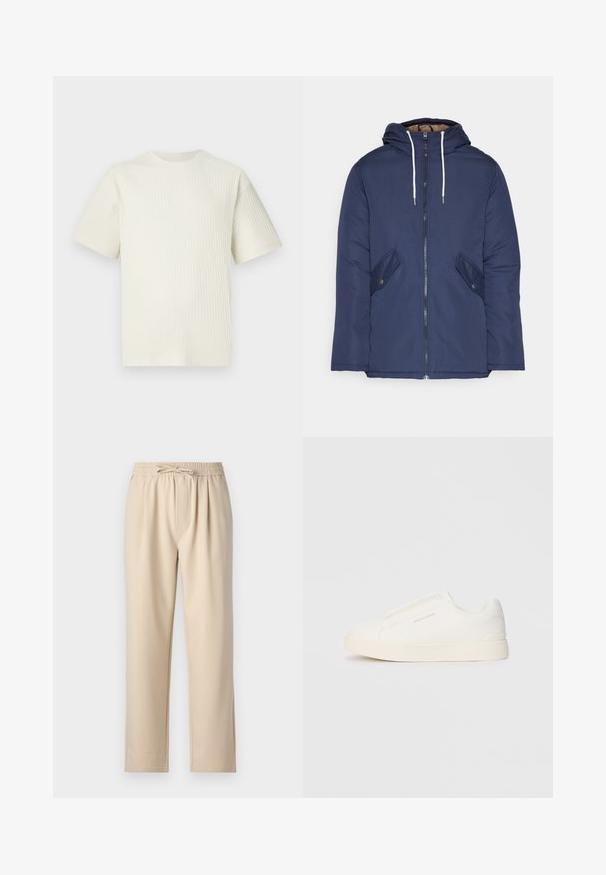 Marineblå polstret jakke med hette, med glidelås foran, to sidelommer med knapper og hvite snorer.; Lys beige ribbet t-skjorte med korte ermer og rund hals, vist mot en enkel hvit bakgrunn.; Beige bukser med elastisk talje og snor, lige ben-design og blød, glat stofstruktur.; Hvite slip-on joggesko med teksturert overflate, tykk såle og minimalistisk design. Har merkevarelogo på siden.