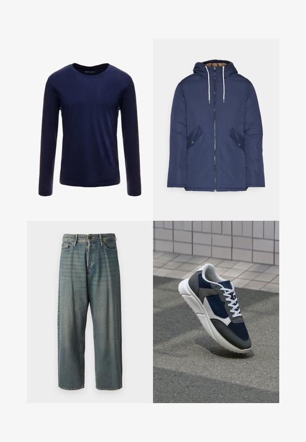 Tumesinine vahtkatseline jakk, millel on kapuuts, esilukk, kaks küljetaskut nupuga ja valged tõmblukud.; Tumesinise pikkade varrukatega T-särk, mis on valmistatud pehmest puuvillast, klassikalise ümarad küljed ja sile tekstuur, ilma nähtavate mustrite või akendeta.; Heledad sinine denim-stiilis teksad, volüümse lõike, keskmise kõrgusega talje ja sirgete säärega. Omab viit taskut, vöökumme ja nööpide sulgemist.; Sneaker, mille sinine võrkkangas, hallid nubukdetailid, valge kummitald ja lamedad valged paelad, disainitud mugavuseks ja hingavuseks.