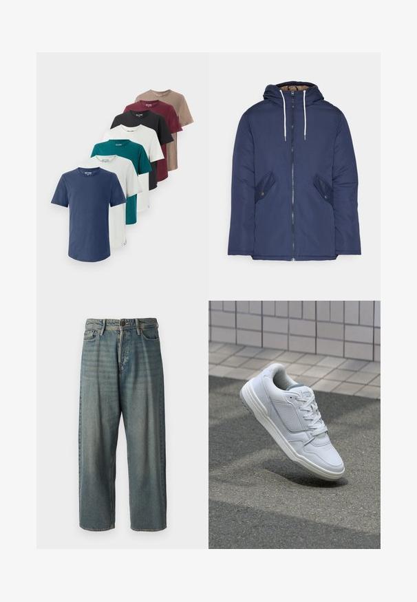 Námornícky modrá vystužená bunda s kapucňou, so zipsom vpredu, dvomi bočnými vreckami s gombíkmi a bielymi šnúrkami.; Sedem bavlnených tričiek v rôznych farbách: námornícka modrá, teal, biela, čierna, burgundská, šedá a hnedá. Každé tričko má okrúhly výstrih a krátke rukávy.; Svetlomodré denimové nohavice so voľným strihom, stredne vysokým pásom a rovnými nohavicami. Obsahujú päť vreciek, pútka na opasok a zapínanie na gombík.; Biele kožené tenisky s perforovanými stranami, textúrovanými akcentmi, plochými šnúrkami a kontrastnou sivou pätou. Majú mierne zvýšenú podrážku.