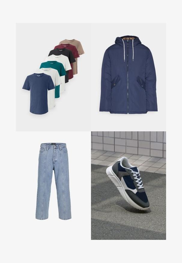 Granatowa pikowana kurtka z kapturem, z zamkiem z przodu, dwoma bocznymi kieszeniami z guzikami oraz białymi sznurkami.; Siedem bawełnianych koszulek w różnych kolorach: granatowym, turkusowym, białym, czarnym, bordowym, szarym i brązowym. Każda ma okrągły dekolt i krótkie rękawy.; Jasnoniebieskie dżinsy o luźnym kroju, szerokich nogawkach i widocznych detalach szwów. Posiadają zapięcie na guzik i zamek błyskawiczny oraz pięć kieszeni.; Sneakers z granatową siateczkową cholewką, szarymi zamszowymi akcentami, białą gumową podeszwą i płaskimi białymi sznurówkami, zaprojektowane z myślą o komforcie i wentylacji.