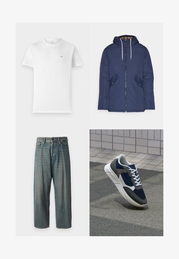 Navy blue padded jacket with a hood, featuring a front zipper, two side pockets with buttons, and white drawstrings.; White cotton t-shirt with a classic crew neck, short sleeves, and a small, grey GAP logo on the left chest. Simple, unembellished design.; Light blue denim jeans with a loose fit, mid-rise waist, and straight legs. Features five pockets, belt loops, and a button closure.; Sneaker featuring a navy blue mesh upper, gray suede accents, white rubber sole, and flat white laces, designed for comfort and breathability.