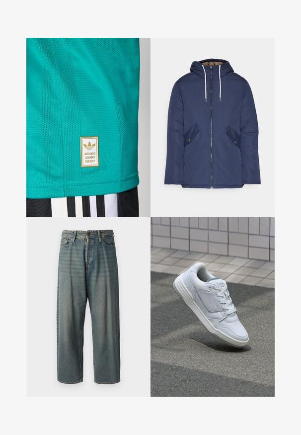 Jūras zila pufīgā jaka ar kapuci, kas aprīkota ar priekšējo rāvējslēdzēju, divām sānu kabatām ar pogām un baltiem aukliņām.; Tirkīza sporta krekls ar teksturētu, elpojošu audumu. Iespējo zelta etiķete, kas norāda "AUTENTISKS LICENCĒTS PRODUKTS", un sietiņa detaļas.; Gaiši zili džinsi ar brīvu piegriezumu, vidējo jostas augstumu un taisnām kājām. Satur piecas kabatas, jostas cilpas un pogu aizdari.; Baltas ādas sporta apavi ar perforētiem sāniem, teksturētām akcentiem, plakanu šņorēšanu un kontrastējošu pelēku papēdi. Iezīmē nedaudz paaugstinātu zole.