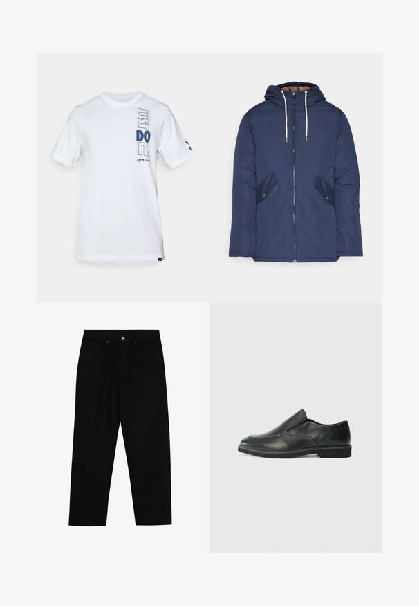 Marineblå polstret jakke med hette, med glidelås foran, to sidelommer med knapper og hvite snorer.; Hvit bomull t-skjorte med grafisk trykk med "JUST DO IT" i marineblå, korte ermer og rund hals. Merkevarelogo på armen.; Sorte denimbukser med rett benklipp, fem-lomme design og frontknappåpning. Jevn tekstur med minimale sømdetaljer.; Sorte skinn slip-on sko med en jevn overflate, stikking detaljer, rund tå og en lav gummihæl. Sålen har minimal mønstring.