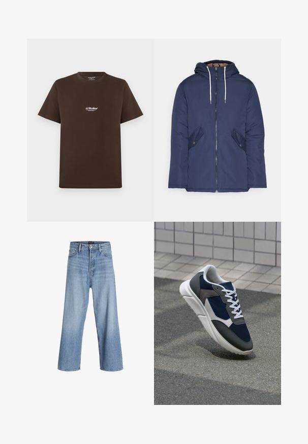 Tumesinine vahtkatseline jakk, millel on kapuuts, esilukk, kaks küljetaskut nupuga ja valged tõmblukud.; Pruun puuvillane T-särk lühikeste varrukatega, ümmargune kaelus ja väike valge logo rinnal. Sile tekstuur ja tavaline lõige.; Heledad sinise denimi laiad püksid kõrge vöökoht, nupuga sulgemine, viie tasku disain ja kerge pleekimine. Puhtad äärised.; Sneaker, mille sinine võrkkangas, hallid nubukdetailid, valge kummitald ja lamedad valged paelad, disainitud mugavuseks ja hingavuseks.