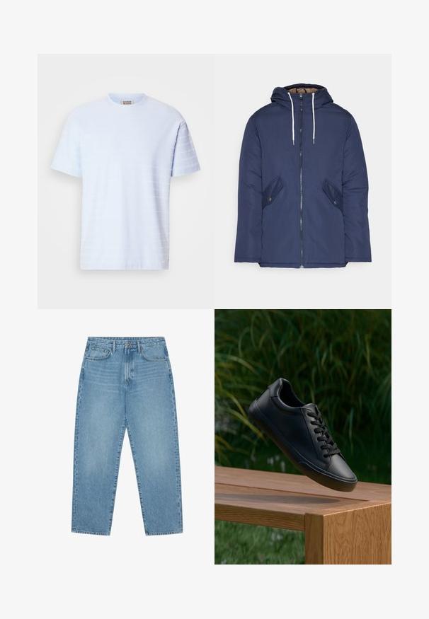 Navy blue padded jacket with a hood, featuring a front zipper, two side pockets with buttons, and white drawstrings.; Light blue short-sleeve t-shirt made of soft fabric, featuring a textured horizontal striped pattern across the front.; Light blue denim wide-leg jeans with a high waist, featuring five pockets, belt loops, and a soft, slightly faded texture.; Black leather sneaker with a smooth texture, round toe, and flat laces, positioned above a wooden surface with green grass in the background.