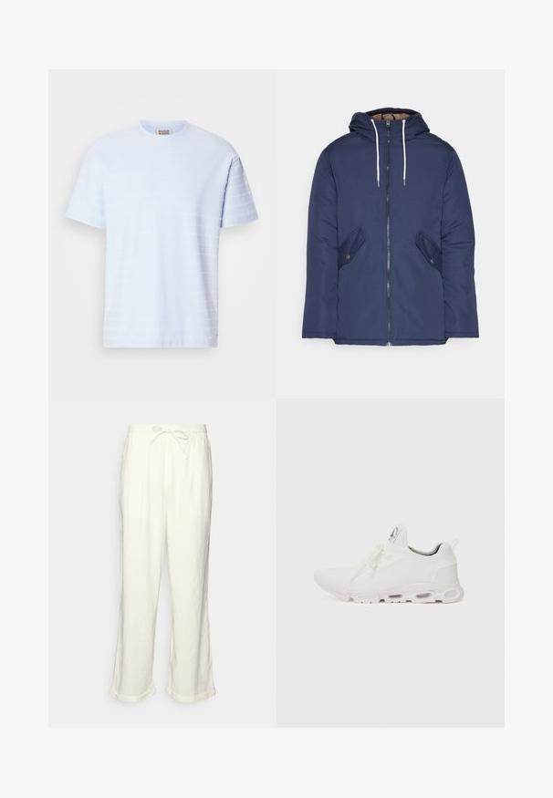 Jachetă căptușită bleu marin cu glugă, având un fermoar frontal, două buzunare laterale cu nasturi și șnururi albe.; Tricou cu mânecă scurtă de culoare albastru deschis, fabricat dintr-un material moale, având un model texturat cu dungi orizontale pe partea din față.; Pantaloni din in, de culoare albă-crem, cu un tiv elastic la talie, piciorușe ușor largi și manșete răsucite pentru un stil relaxat. Fără buzunare.; Adidași albi cu un superior din țesătură texturată, șireturi plate și o talpă cu perne de aer vizibile pentru suport suplimentar.