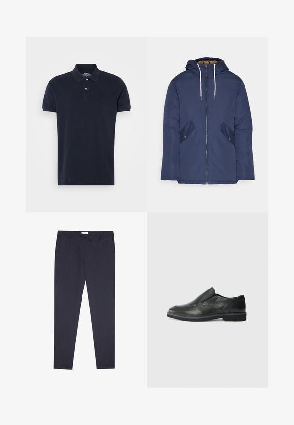 Casaco acolchoado azul-marinho com capuz, apresentando um fecho frontal com zíper, dois bolsos laterais com botões e cordões brancos.; Polo azul marinho de manga curta, feito de algodão, com gola clássica, dois botões e um pequeno logótipo no peito. Textura suave.; Calças azul-escuro feitas de tecido leve; apresentam uma cintura elástica com cordão e pernas ajustadas. Textura suave e sem padrões visíveis.; Sapato slip-on preto em pele com um upper liso, acabamentos cosidos, bico arredondado e um salto de borracha baixo. A sola apresenta um padrão de aderência mínimo.