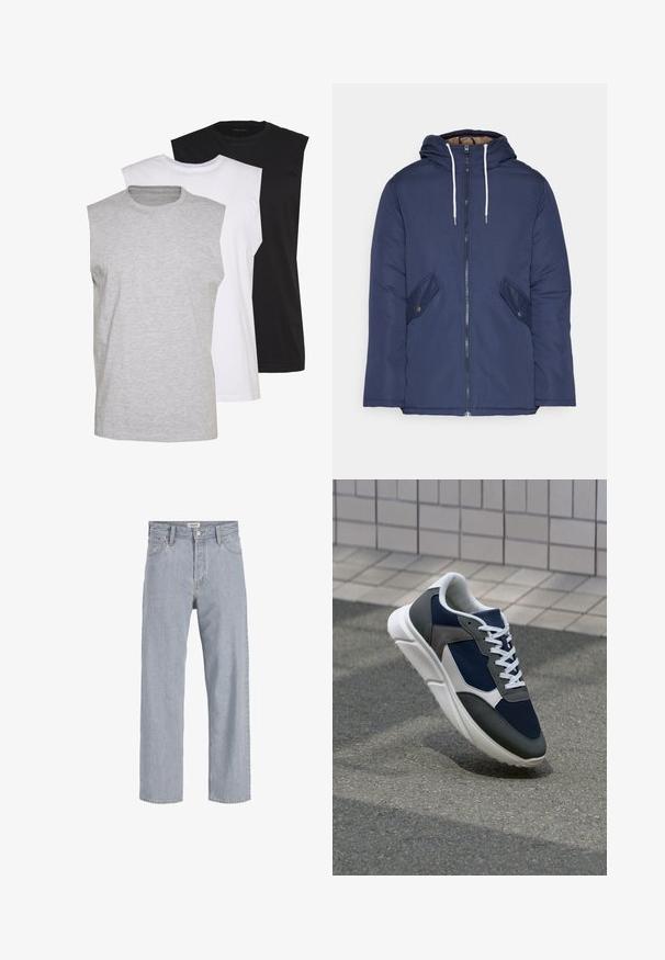 Sötétkék bélelt dzseki kapucnival, elülső cipzárral, két oldalsó zsebbel gombokkal és fehér húzózsinórokkal.; Három ujjatlan póló szürke, fehér és fekete színben. Puha pamut anyag, kerek nyakkivágással és laza szabással. Egyszerű dizájn, minta nélkül.; Világoskék farmernadrág, laza szabású, egyenes lábú kialakítással, látható varrással, két elülső zsebbel és gombos záródással.; Cipő, amelynek sötétkék hálós felsőrésze, szürke velúr díszítései, fehér gumitalpa és lapos fehér fűzője van, a kényelem és a légáteresztő képesség érdekében tervezve.