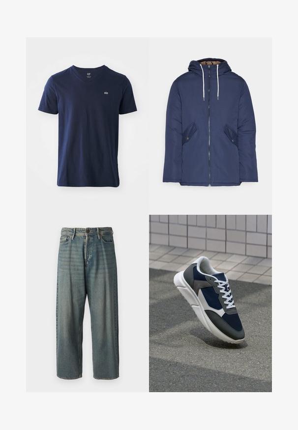 Mørkeblå polstret jakke med hætte, fremhævet af en frontlynlås, to sidelommer med knapper og hvide snore.; Mørkeblå bomulds t-shirt med v-hals, korte ærmer og et lille broderet logo på brystet. Blød tekstur og afslappet design.; Lyseblå denim jeans med løs pasform, mellemhøj talje og lige ben. Har fem lommer, bæltestropper og en knappelukning.; Sneakers med en overdel i marineblå mesh, grå suedeteksturer, hvid gummisål og flade hvide snørebånd, designet til komfort og åndbarhed.