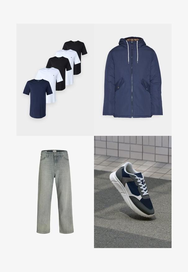 Mørkeblå polstret jakke med hætte, fremhævet af en frontlynlås, to sidelommer med knapper og hvide snore.; Fem T-shirts i marineblå, sort og hvid bomuld. Hver har en rund halsudskæring og korte ærmer. Et lille logo vises på venstre bryst på hver.; Lysegrå, løstsiddende jeans lavet af denim. Har et klassisk fem-lomme design, bæltestropper og en lige ben silhuet.; Sneakers med en overdel i marineblå mesh, grå suedeteksturer, hvid gummisål og flade hvide snørebånd, designet til komfort og åndbarhed.
