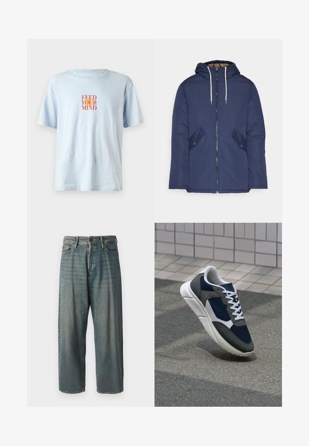 Σακάκι ναυτικού μπλε με επένδυση και κουκούλα, με φερμουάρ μπροστά, δύο πλάγιες τσέπες με κουμπιά και λευκές κορδόνες.; Ανοιχτό μπλε κοντομάνικο μπλουζάκι με στρογγυλή λαιμόκοψη φτιαγμένο από μαλακό ύφασμα, που διαθέτει έντονο κόκκινο και πορτοκαλί γραφικό κείμενο που λέει "ΔΙΑΤΡΕΦΕ ΤΟ ΜΥΑΛΟ ΣΟΥ" στο μπροστινό μέρος.; Ανοιχτό μπλε τζιν παντελόνι με χαλαρή γραμμή, μέση μέσου ύψους και ευθείες γραμμές. Περιλαμβάνει πέντε τσέπες, θηλιές ζώνης και κούμπωμα με κουμπί.; Αθλητικά παπούτσια με επάνω μέρος από ναυτικό μπλε διχτυωτό ύφασμα, γκρι σουέτ λεπτομέρειες, λευκή καουτσούκ σόλα και επίπεδα λευκά κορδόνια, σχεδιασμένα για άνεση και αερισμό.