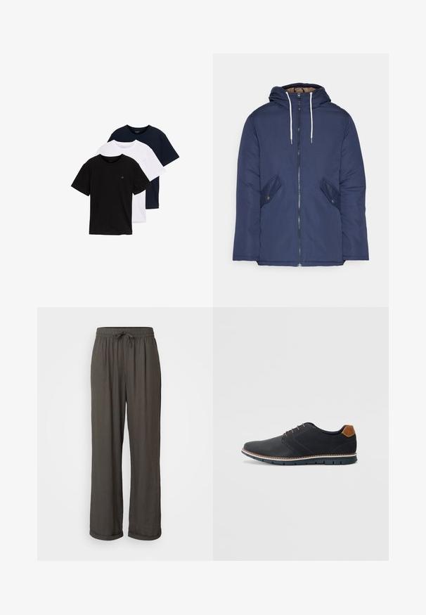 Marineblå polstret jakke med hette, med glidelås foran, to sidelommer med knapper og hvite snorer.; Sett med tre kortermede t-skjorter i svart, hvit og mørkeblå. Laget av bomull, med rund hals og en liten logo på brystet.; Mørkegrå vide bukser med snor i taljen, lavet af et blødt, struktureret stof, der har opsmøgede manchetter ved anklerne.; Sorte syntetiske sko med en teksturert overdel, glatte detaljer, brun hæl og en kontrastfarge på sålen. Har minimalt snøring og sømdetaljer.