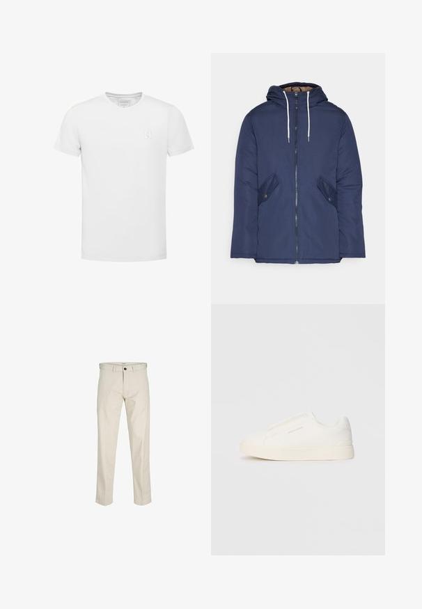 Námorně modrá prošívaná bunda s kapucí, která má přední zip, dvě boční kapsy s knoflíky a bílé šňůrky.; Bílý bavlněný tričko s krátkým rukávem a výstřihem do V. Na levé straně hrudi se nachází malá logo nášivka. Hladká textura, jednoduchý design.; Béžové bavlněné kalhoty s rovnými nohavicemi, s knoflíkovým zapínáním, předními kapsami a šitými švy. Hladká textura, minimalismus v detailech a bez vzorů.; Bílé slip-on tenisky s texturovaným povrchem, silnou podešví a minimalistickým designem. Na boku je umístěno logo značky.
