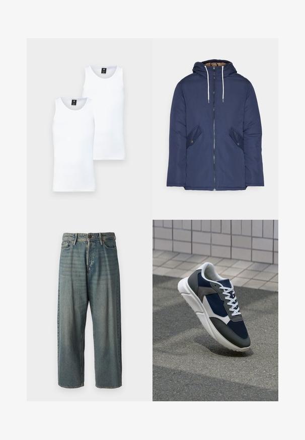 Navy blue padded jacket with a hood, featuring a front zipper, two side pockets with buttons, and white drawstrings.; Two white, sleeveless tank tops made from a soft, lightweight material. Features a round neckline and a clean, simple design.; Light blue denim jeans with a loose fit, mid-rise waist, and straight legs. Features five pockets, belt loops, and a button closure.; Sneaker featuring a navy blue mesh upper, gray suede accents, white rubber sole, and flat white laces, designed for comfort and breathability.