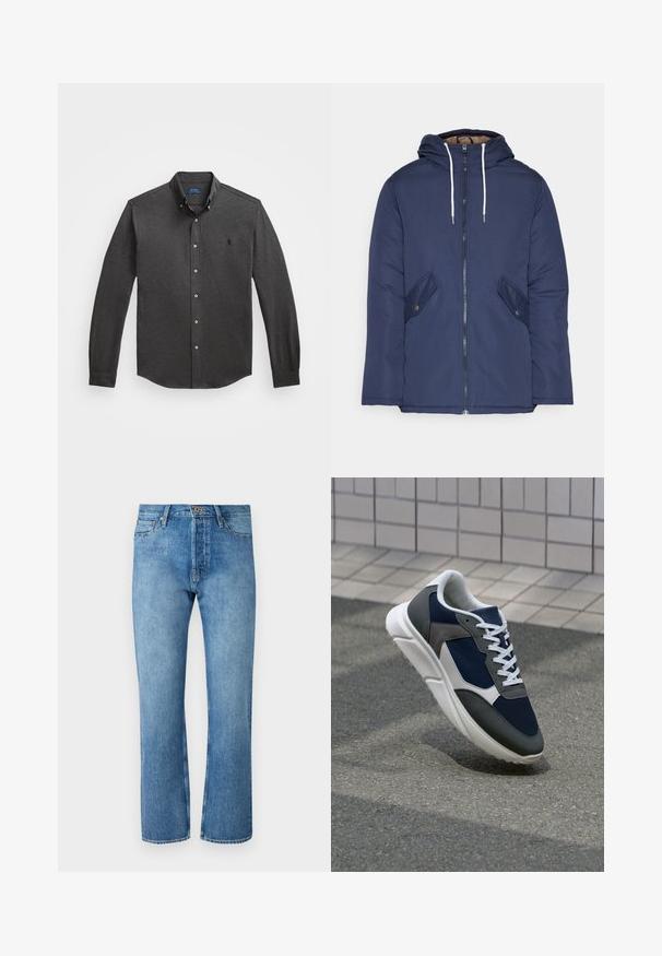 Σακάκι ναυτικού μπλε με επένδυση και κουκούλα, με φερμουάρ μπροστά, δύο πλάγιες τσέπες με κουμπιά και λευκές κορδόνες.; Polo Ralph Lauren Big & Tall FEATHERWEIGHT MESH SHIRT - Πουκάμισο - windsor heather; Ένα φωτεινό μπλε τζην παντελόνι με ίσια γραμμή, διαθέτει κλασικό σχέδιο πέντε τσεπών, κουμπί κλεισίματος και αντίθετη ραφή.; Αθλητικά παπούτσια με επάνω μέρος από ναυτικό μπλε διχτυωτό ύφασμα, γκρι σουέτ λεπτομέρειες, λευκή καουτσούκ σόλα και επίπεδα λευκά κορδόνια, σχεδιασμένα για άνεση και αερισμό.
