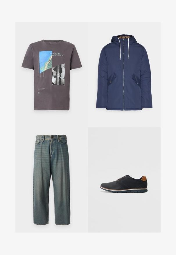 Navy blue padded jacket with a hood, featuring a front zipper, two side pockets with buttons, and white drawstrings.; Gray cotton t-shirt featuring a graphic print with blue and black geometric shapes and text, short sleeves, and a crew neckline.; Light blue denim jeans with a loose fit, mid-rise waist, and straight legs. Features five pockets, belt loops, and a button closure.; Black synthetic shoes with a textured upper, smooth accents, brown heel, and a contrasting sole. Features minimal lacing and stitch details.