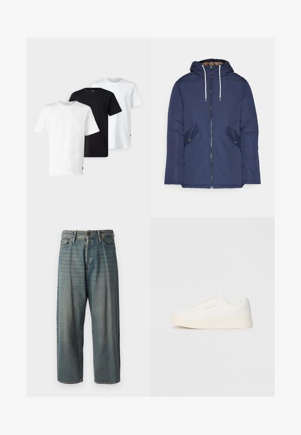 Marineblå polstret jakke med hette, med glidelås foran, to sidelommer med knapper og hvite snorer.; Tre T-skjorter i hvit, svart og hvit, med korte ermer, rund halsdesign og laget av myk, pustende bomullsstoff.; Lyseblå denimjeans med løs passform, midjehøyde og rette ben. Har fem lommer, beltehemper og knappelukking.; Hvite slip-on joggesko med teksturert overflate, tykk såle og minimalistisk design. Har merkevarelogo på siden.