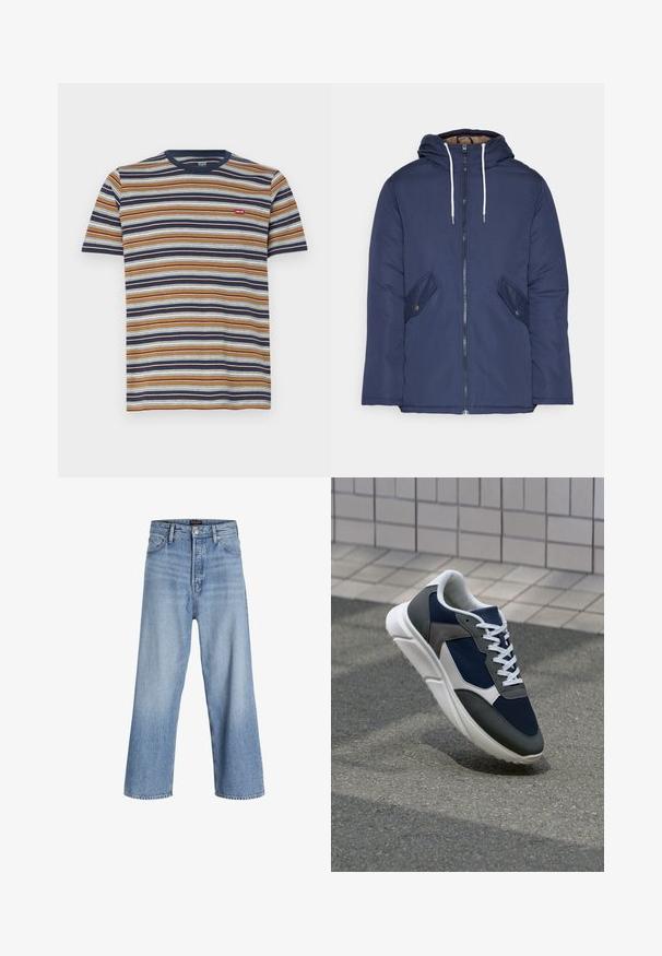 Námorně modrá prošívaná bunda s kapucí, která má přední zip, dvě boční kapsy s knoflíky a bílé šňůrky.; Pruhované tričko s krátkým rukávem, které má vodorovné hnědé, námořnické, bílé a modré pruhy; bavlněný materiál, kulatý výstřih, malá logo na hrudi.; Světle modré džínové kalhoty širokého střihu s vysokým pasem, s knoflíkovým zapínáním, pětikomorovým designem a jemným ombré efektem. Čistý lem.; Tenisky s horní částí z námornicky modré síťoviny, šedými semišovými akcenty, bílou gumovou podrážkou a plochými bílými tkaničkami, navržené pro pohodlí a prodyšnost.