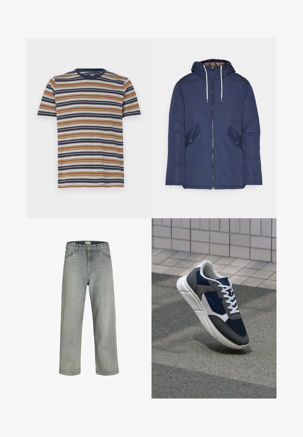 Tumesinine vahtkatseline jakk, millel on kapuuts, esilukk, kaks küljetaskut nupuga ja valged tõmblukud.; Ribadeega lühikeste varrukatega T-särk, millel on horisontaalsed pruunid, tumesinised, valged ja sinised triibud; puuvillane materjal, ümmargune kaelus, väike logo rinnal.; Heledad hallhallid, laia lõikega denimist teksased. Omavad klassikalist viie tasku disaini, vööloopse ja sirget säärelõiget.; Sneaker, mille sinine võrkkangas, hallid nubukdetailid, valge kummitald ja lamedad valged paelad, disainitud mugavuseks ja hingavuseks.