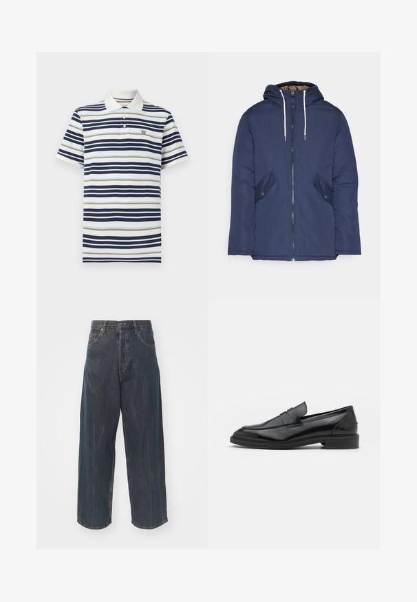 Laivasilkkinen vuorattu takki hupulla, jossa on etuvetoketju, kaksi nappikiinnityksellä varustettua sivutaskua ja valkoiset nyörit.; Pikee-paita, jossa on laivastonsinisiä, vaaleansinisiä ja beigejä raitoja. 100% puuvillaa, klassinen kaulus ja kolmipainike-aukko. Pieni logo rinnassa.; Laaja lahje tummansiniset farkut, joissa on hienovarainen kulutustekstuuri, viisi taskua ja klassinen nappi- ja vetoketjusuljenta vyötäröllä.; Musta nahkakengät, joissa on sileä pinta, pyöristetty varvas ja kapea nauha päällä. Matala paksu kanta.